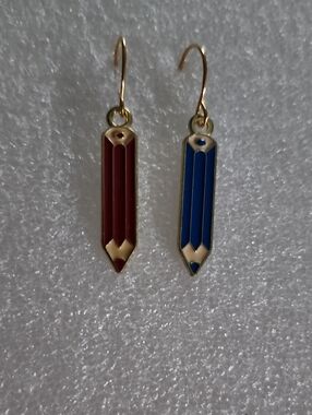 Hand Crafted Gold-Tone Pencil Drop Earrings in Red and Blue